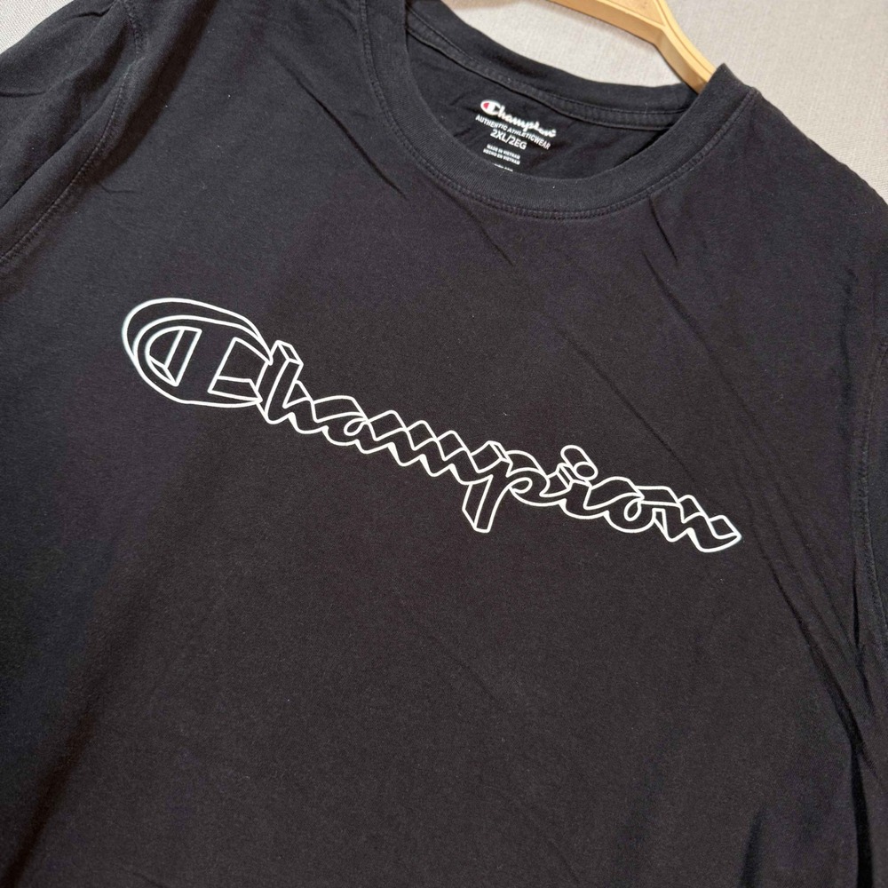 Champion Mens Black Graphic Script Logo T-Shirt 2XL Short Sleeve Cotton Tee